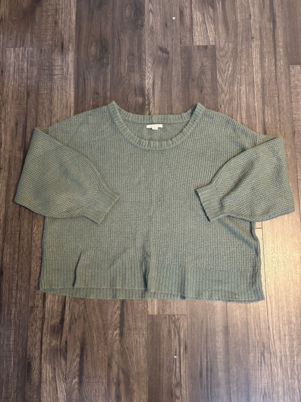 American Eagle Outfitters Olive Green Waffle-Knit Crew Sweater